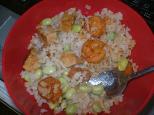 leftover shrimp,tofu,brown rice, edamame for lunch