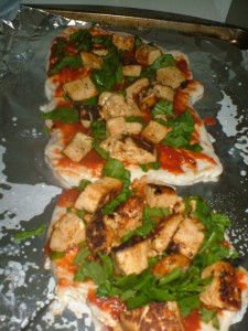 spinach, tofu and tempeh pizza